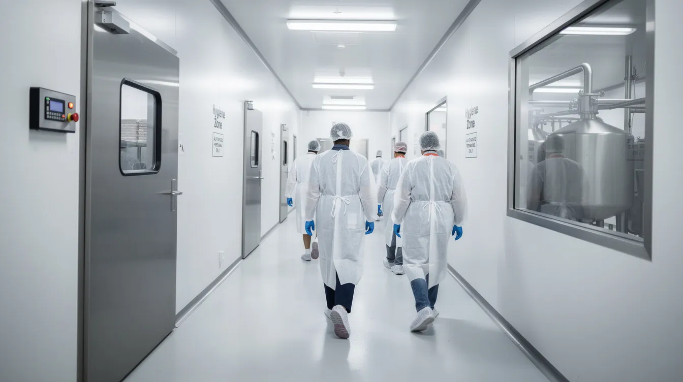 dd5778ef 5187 457d 945b 9d68d6ff8b3b In a food processing facility, workers dressed in white protective gowns and hairnets walk through a controlled-access corridor, ensuring compliance with food safety standards essential for the uht milk processing plant. The stainless steel environment reflects the hygienic layout necessary for the production of long shelf life dairy products.