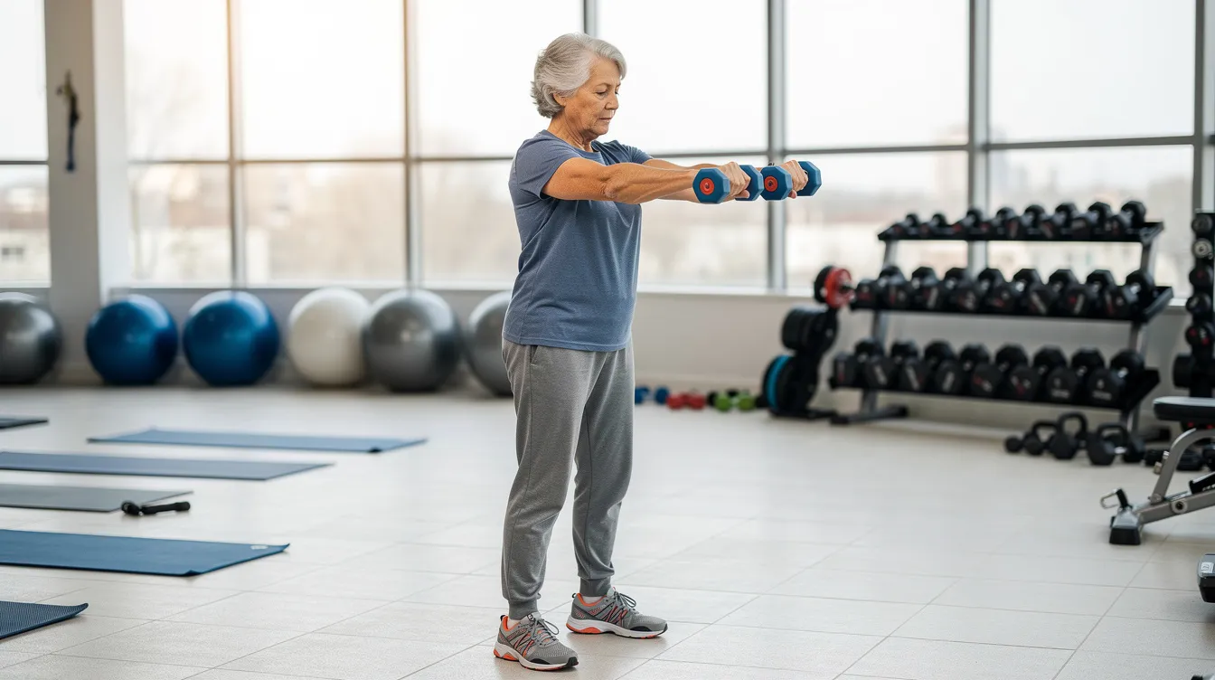 An older adult is engaged in resistance exercises using light weights in a gym, focusing on maintaining muscle mass and overall health. This activity supports their cognitive function and contributes to a healthy lifestyle through regular physical activity and a plant-based diet.