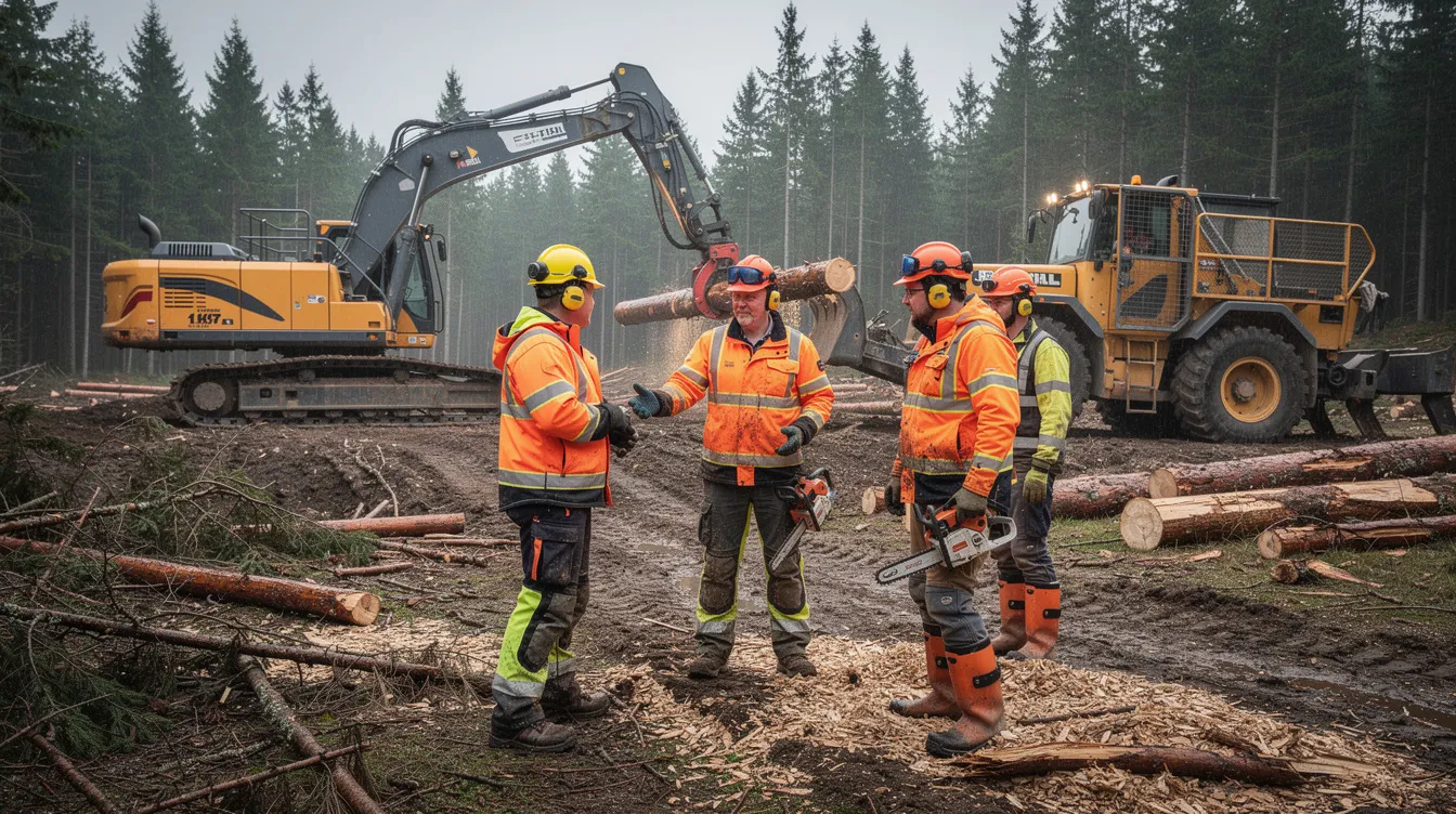 A group of forestry workers wearing high-visibility safety gear stands near heavy logging machinery, including a feller buncher, in a clearing surrounded by trees. The scene highlights the logging industry, showcasing the operators ready to efficiently manage timber and natural resources in the area.