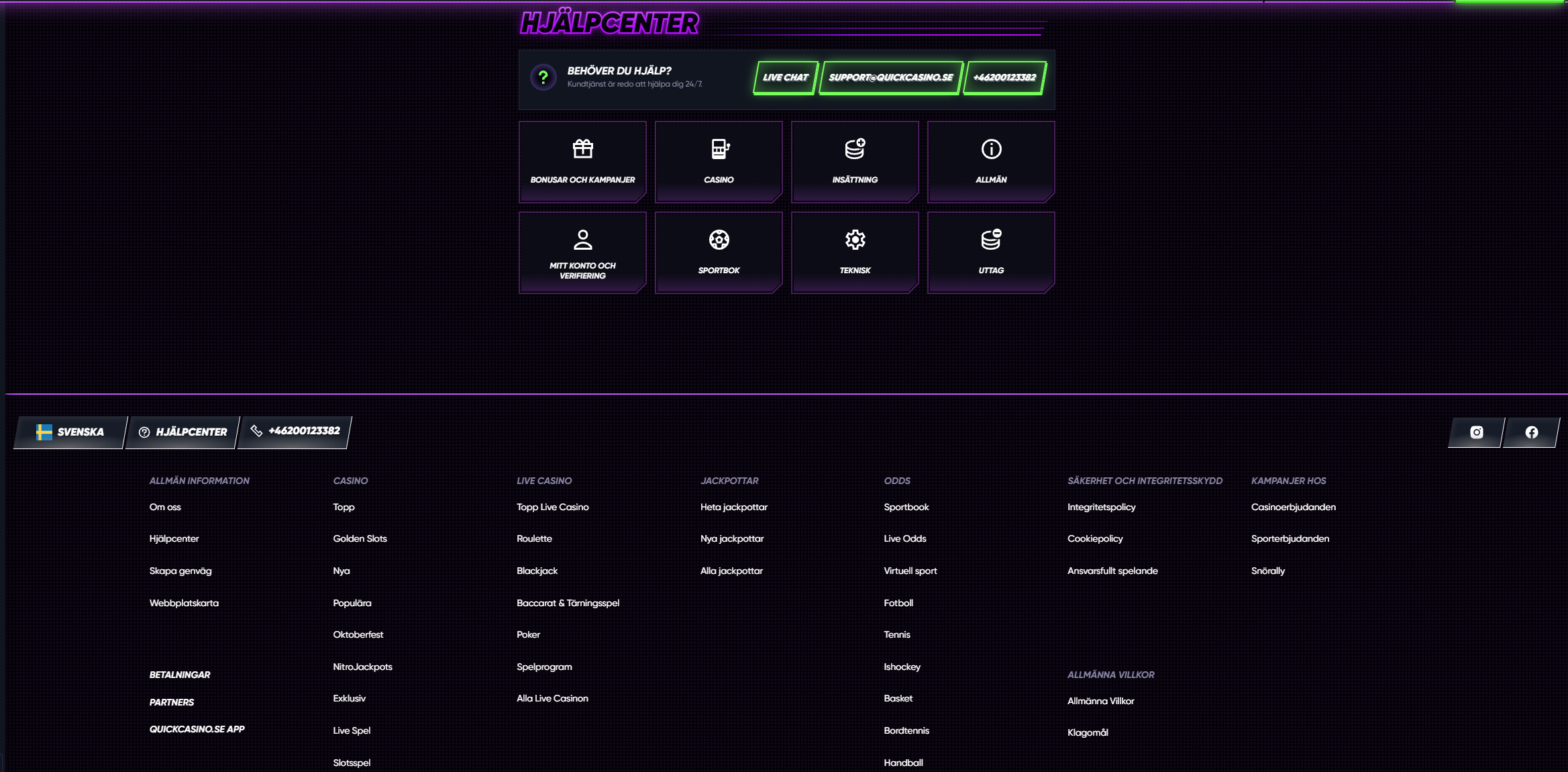 Quick Casinos hjälpcenter med livechatt, kontaktuppgifter och hjälp inom casino, insättningar och uttag