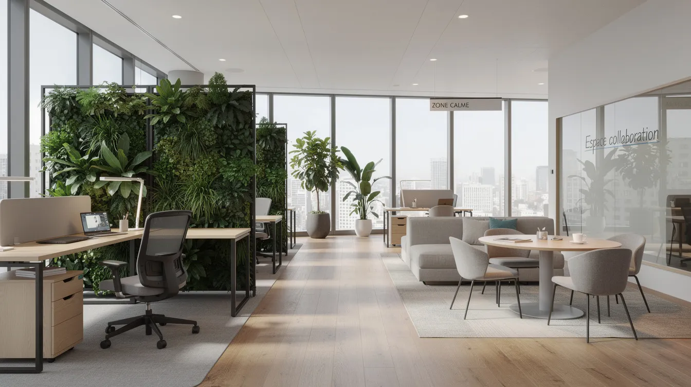 L'image montre un espace de travail moderne, avec des zones calmes délimitées par des cloisons végétalisées, favorisant un environnement de travail propice à la motivation et à l'engagement des collaborateurs. Un coin de collaboration ouvert est également visible, encourageant la dynamique d'équipe et le partage d'idées.