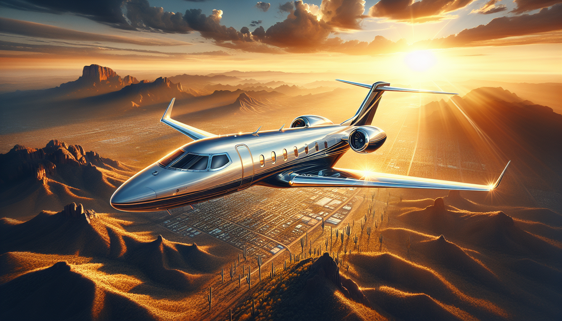 Luxurious private jet flying over scenic landscape