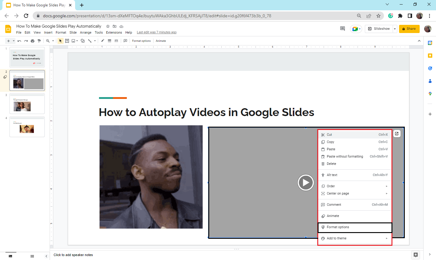 Right-click the video and select "Format Options"