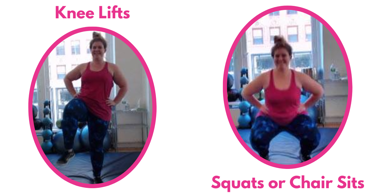 plus size woman client, Charlotte doing knee lifts and squats