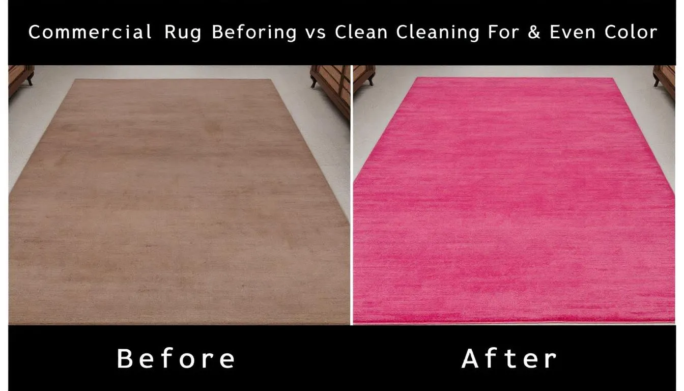 Commercial Rug Cleaning: Professional Services for Every Business Need 2 The image displays a before and after comparison of a commercial rug, showcasing the dramatic improvement in appearance after professional carpet cleaning. The "after" section reveals a fresh, clean rug with vibrant colors, free from dirt, stains, and pet hair, highlighting the effectiveness of specialized cleaning methods used in commercial cleaning services.