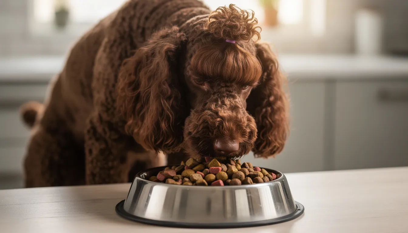 An Irish Water Spaniel with a curly, water-repellent coat is happily eating high-quality kibble from a dog bowl, showcasing its distinctive floppy ears and inquisitive nature. This rare breed, known for its intelligence and friendly personality, is enjoying a nutritious meal that promotes healthy skin and overall well-being.