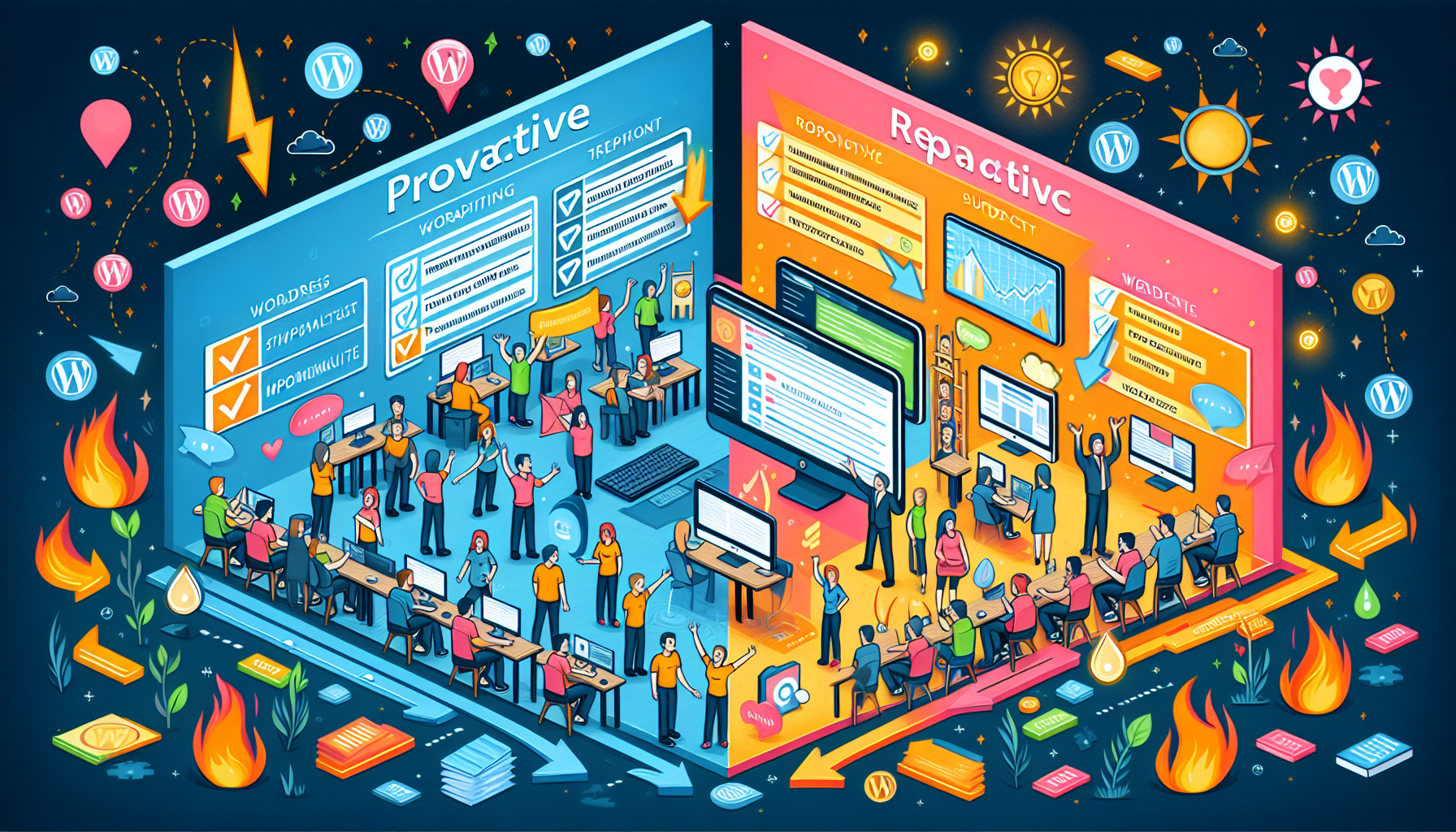 An illustration comparing proactive vs reactive WordPress support which is better.