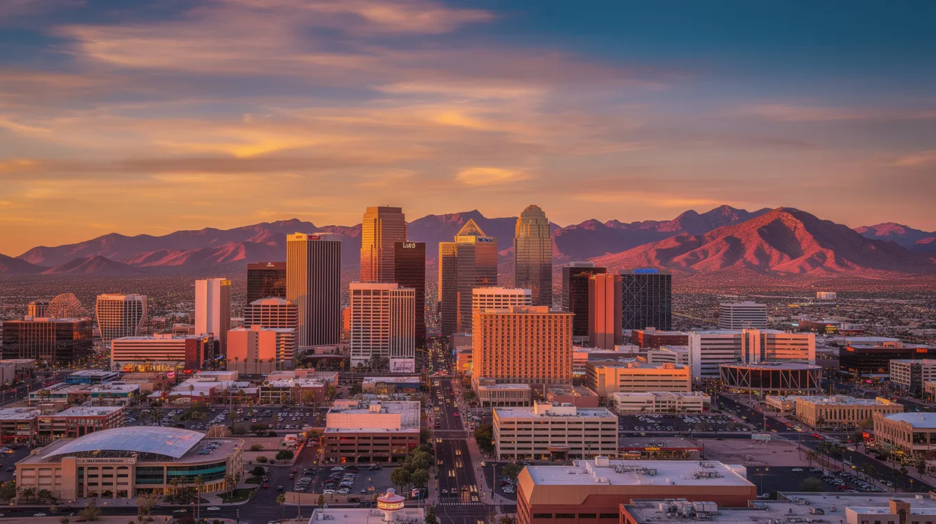 The image captures the downtown skyline of Phoenix, Arizona at sunset, with vibrant hues of orange and purple illuminating the sky, while the silhouette of mountains stands majestically in the background. This scene reflects the beauty and growth of the city, embodying a journey of resilience and commitment to progress.