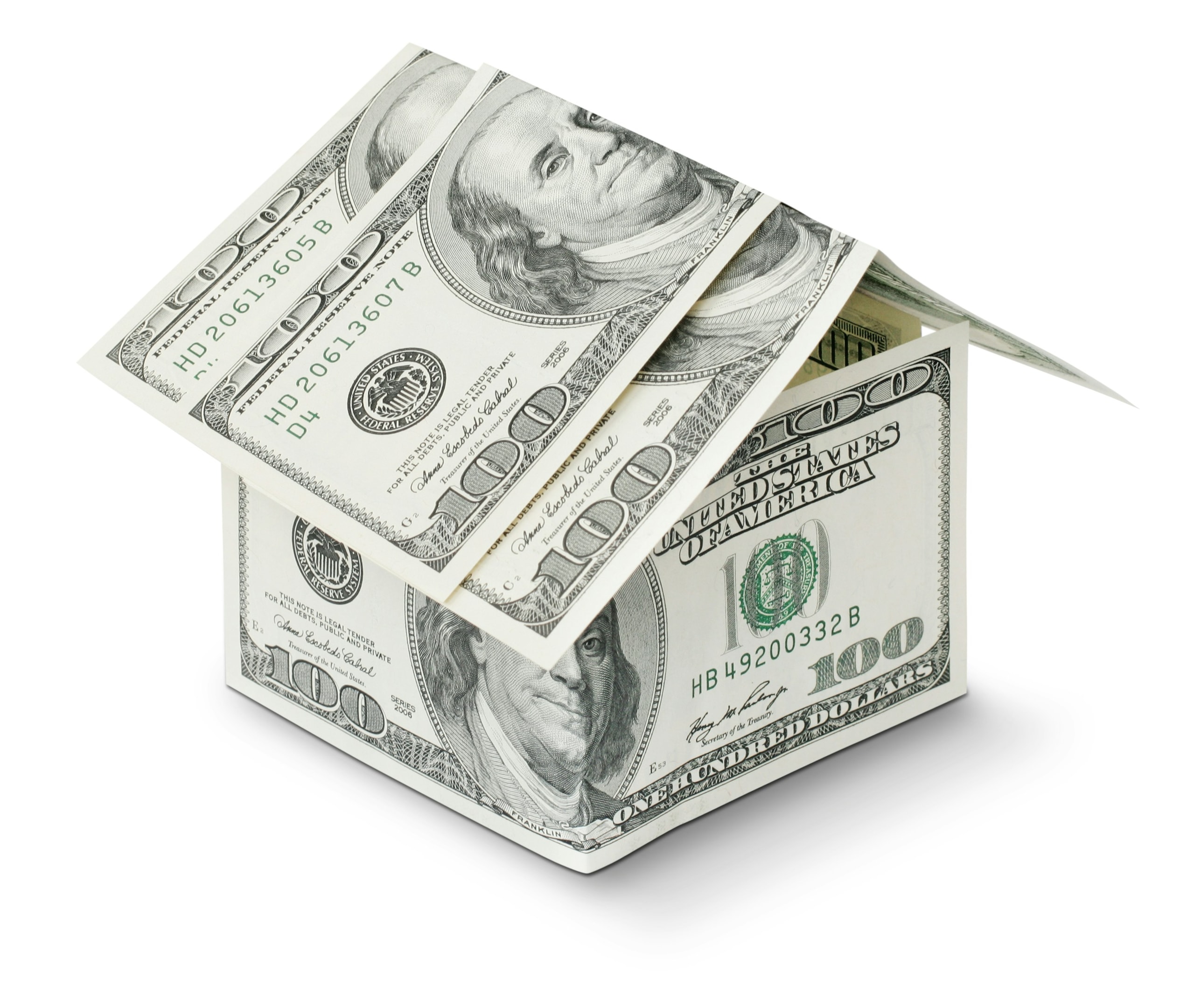 Small house model constructed from cash.