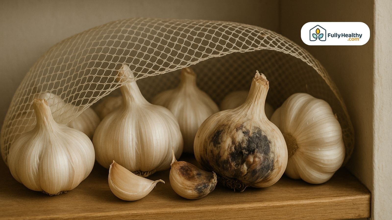 Moldy garlic bulbs in a mesh bag beside fresh bulbs.