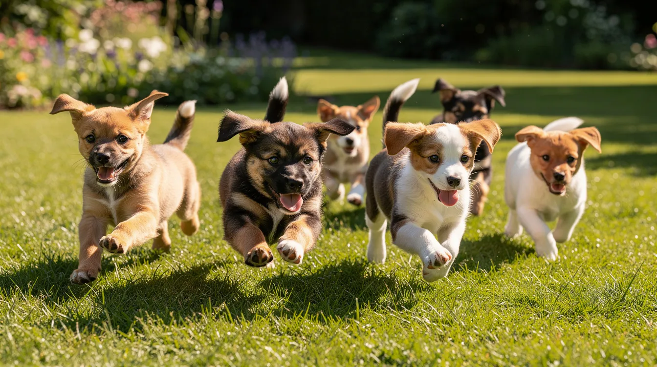 A group of playful puppies are joyfully chasing each other across a lush green lawn, their tails wagging excitedly as they romp together. This lively scene captures the essence of canine companionship and the joy of outdoor play, reminding pet owners to keep their beloved pets safe from common dog poisons and harmful substances.
