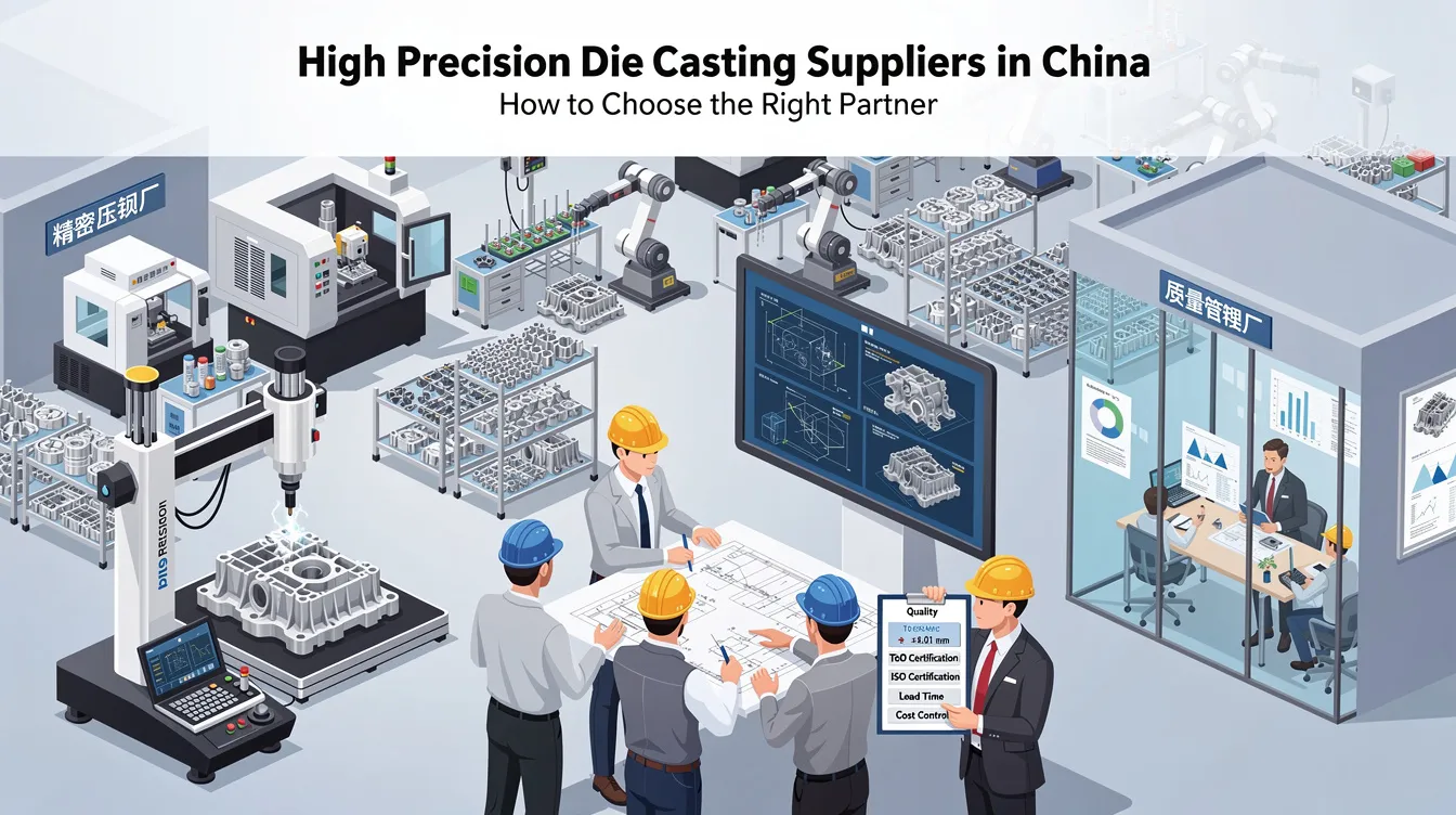 The image depicts a professional setting showcasing various die casting processes, including aluminum die casting and magnesium die casting, with advanced casting machines and equipment in the background. It emphasizes the importance of choosing reliable die casting suppliers in China, highlighting aspects like quality assurance and precision machining for producing high-quality die casting parts.