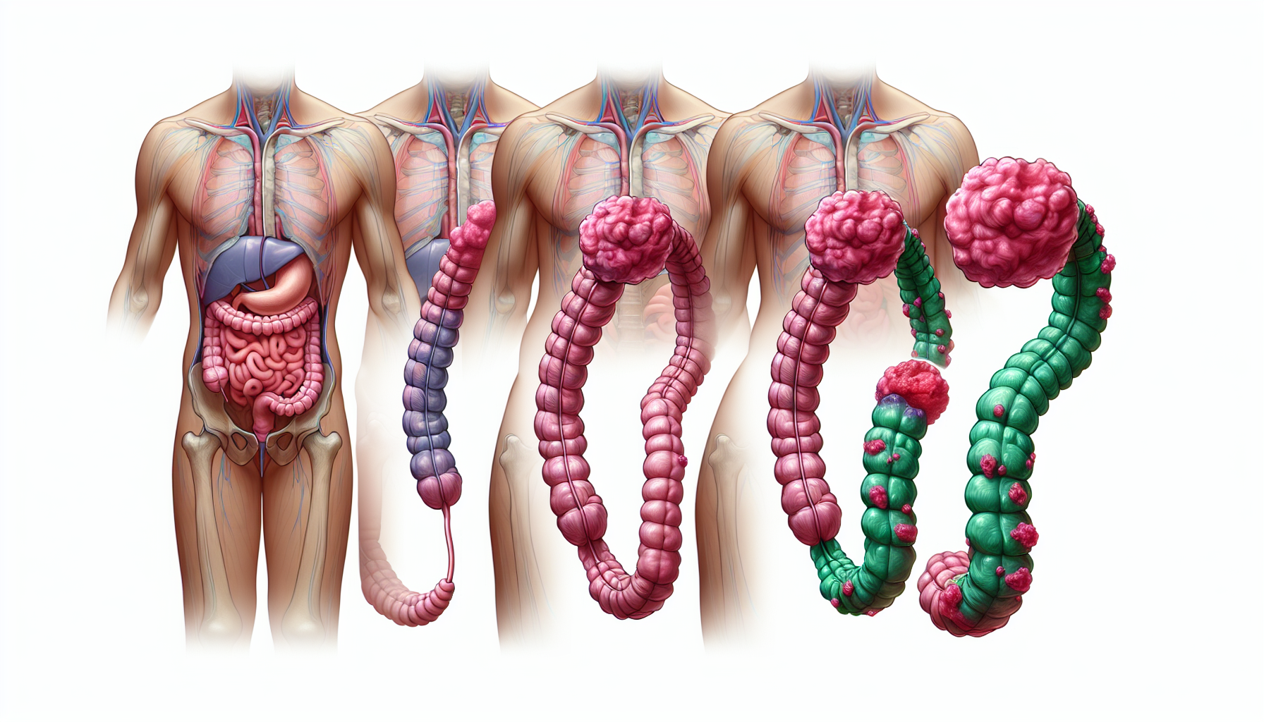 Illustration of the growth patterns of colon cancer at different stages
