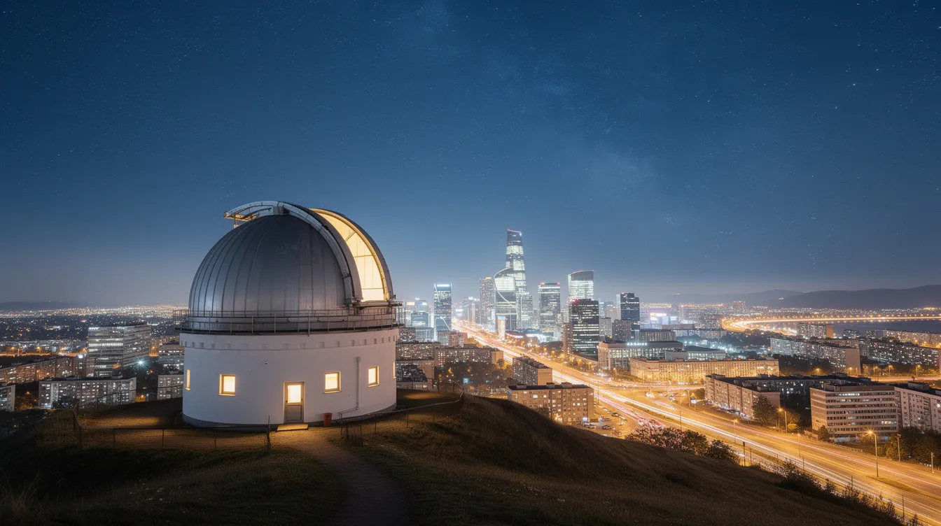 Die Sternwarte auf dem Hügel bietet einen beeindruckenden Blick auf die erleuchtete Großstadt bei Nacht, während ein klarer Sternenhimmel darüber leuchtet. Diese Szene erinnert an die romantischen und träumerischen Momente in einem Musikfilm wie "La La Land", in dem Liebe und Träume im Mittelpunkt stehen.