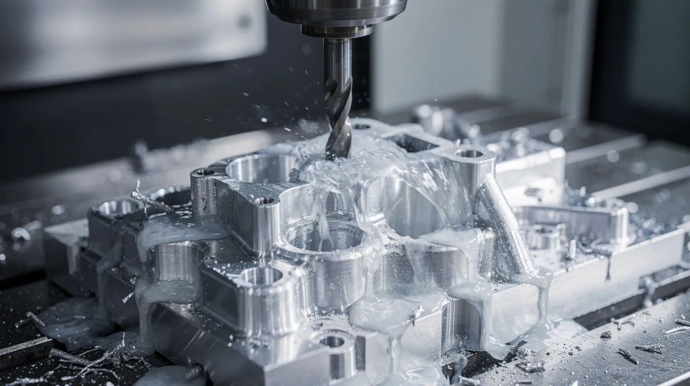 A close-up view of a five-axis CNC milling machine is shown, actively cutting an aluminum aerospace bracket while coolant flows over the workpiece to maintain temperature and improve precision. This image highlights modern CNC technology and the intricate machining processes involved in producing complex shapes for the manufacturing industry.