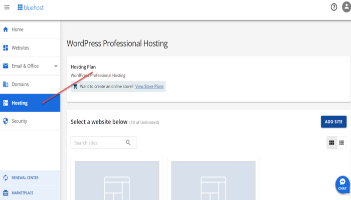 Hosting tab on left menu in the Bluehost account manager