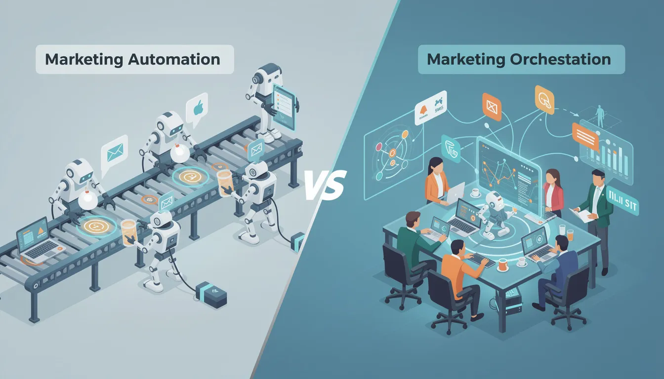 The image illustrates the comparison between marketing automation and orchestration, highlighting key features such as customer data management, automated workflows, and the use of marketing automation software. It emphasizes the importance of optimizing marketing campaigns and delivering personalized experiences to enhance customer interactions and drive business growth.