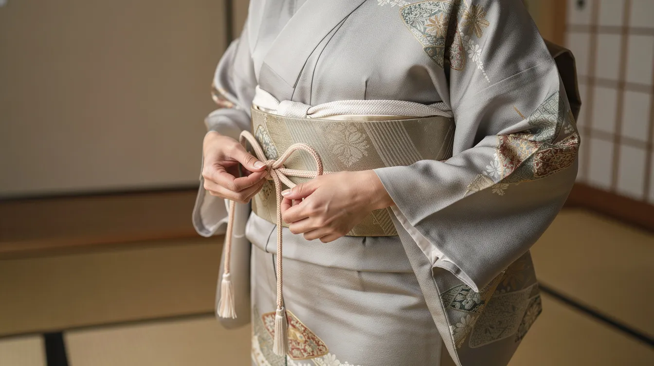 A person is fastening a pre-tied nagoya obi around their waist while wearing a formal kimono, showcasing the traditional Japanese culture. The kimono features bright colors and longer sleeves, highlighting the elegance of this outfit.
