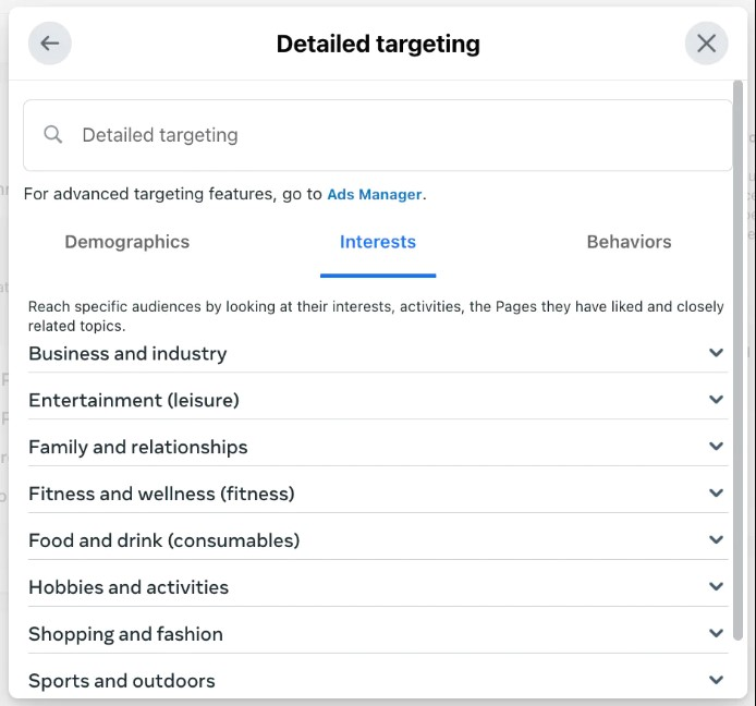 Interests on Facebook are determined based on the pages they have engaged with, such as K-pop, scuba diving, and exercise.