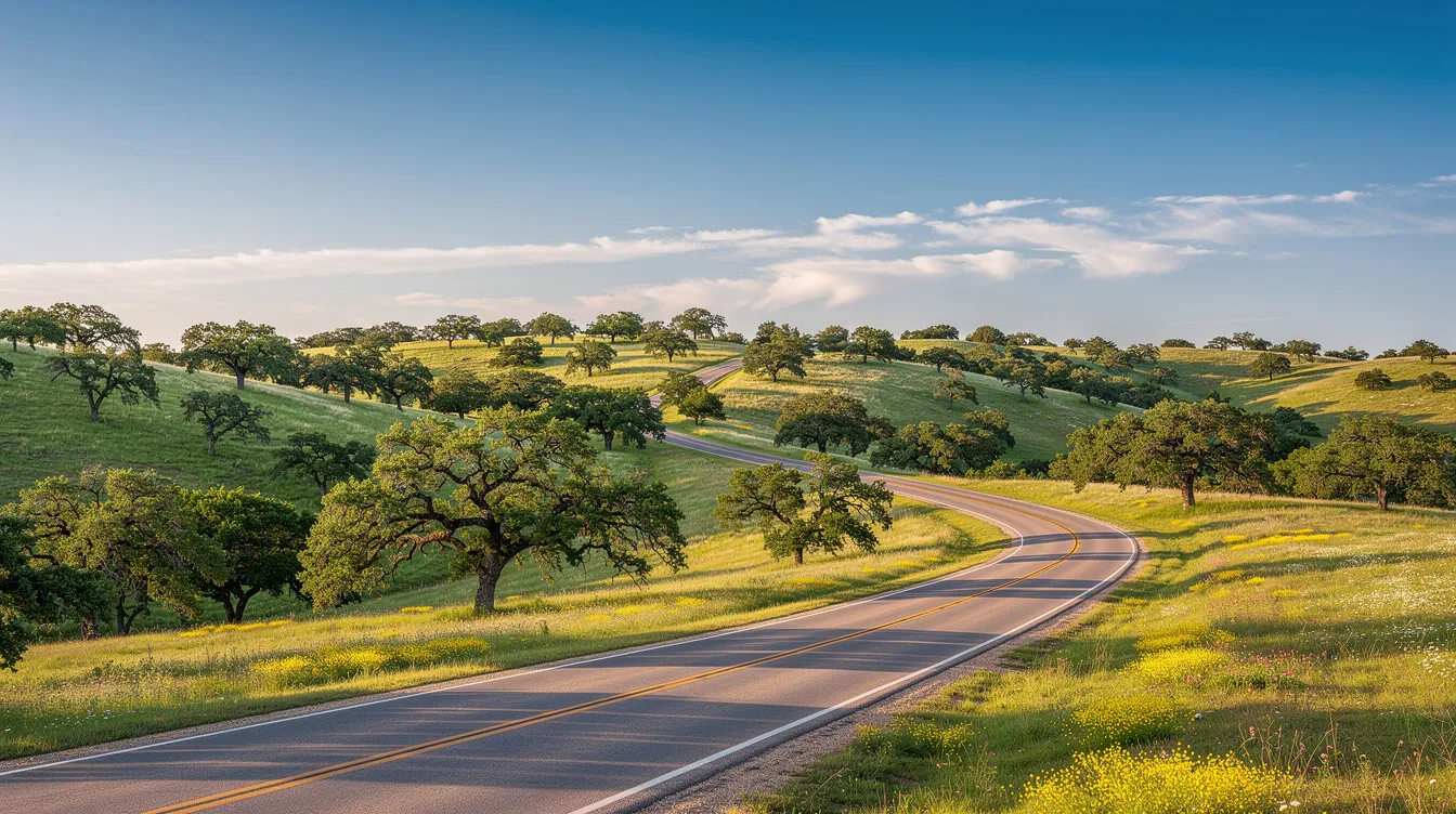 The image depicts a picturesque Central Texas Hill Country landscape featuring rolling green hills and a winding road beneath a vast blue sky. This serene scene reflects the beauty of nature, offering a peaceful environment that can be beneficial for family caregivers seeking respite from their caregiving responsibilities.