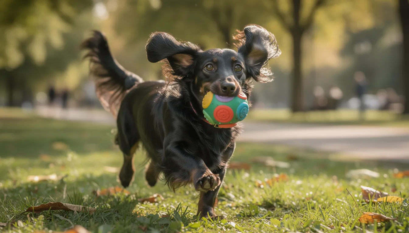 Na zdjęciu widać jamnika długowłosego czarnego, który biega radośnie po parku z zabawką w pysku. Jego długowłosa sierść lśni w słońcu, a w tle widać zieleń trawy i drzewa, co tworzy przyjemną atmosferę zabawy.