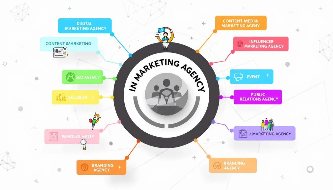 The image illustrates various types of marketing agencies, including a growth marketing agency, creative agency, and performance marketing agency, each focusing on different strategies like digital marketing, content strategy, and lead generation to help ambitious brands achieve measurable growth in today's fast-moving market. The visual emphasizes the importance of blending creativity with data-driven insights to optimize campaigns across digital channels.