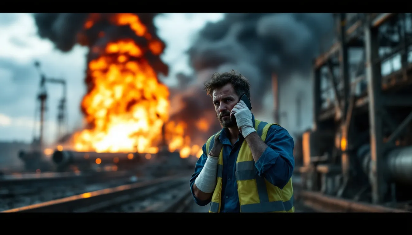 An injured employee is seen walking away from an explosion in the background, which is linked to an oil pipeline incident, while on the phone calling their personal injury attorney to discuss their workers compensation claim. The scene highlights the urgency of seeking legal representation for workplace injuries and the importance of recovering compensation for medical expenses and lost wages.