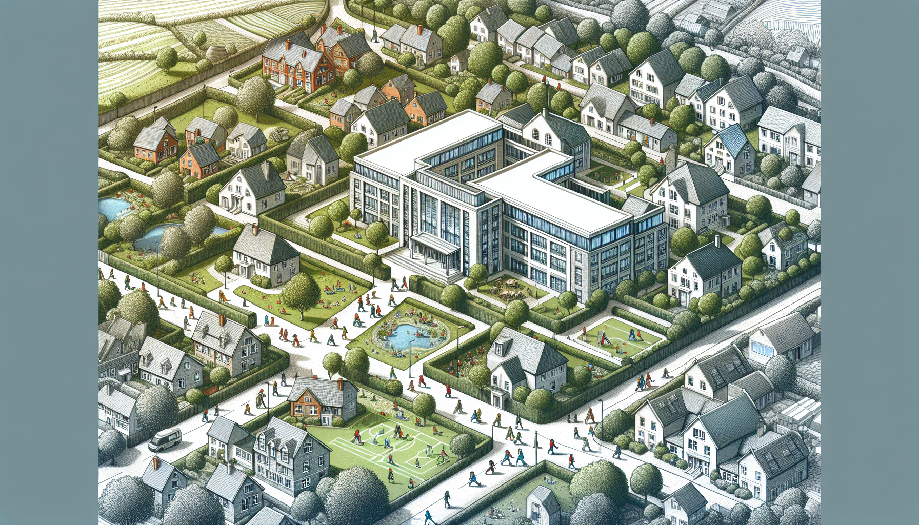 Illustration of a school building integrated with the surrounding community