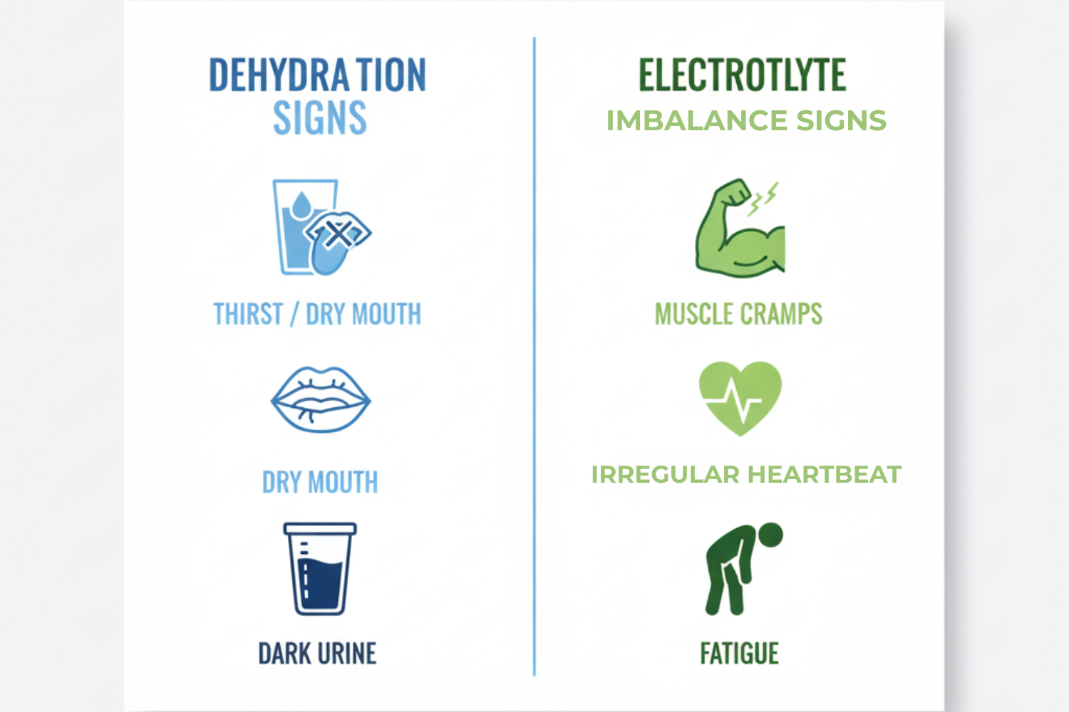 Dehydration vs. electrolyte imbalance signs.