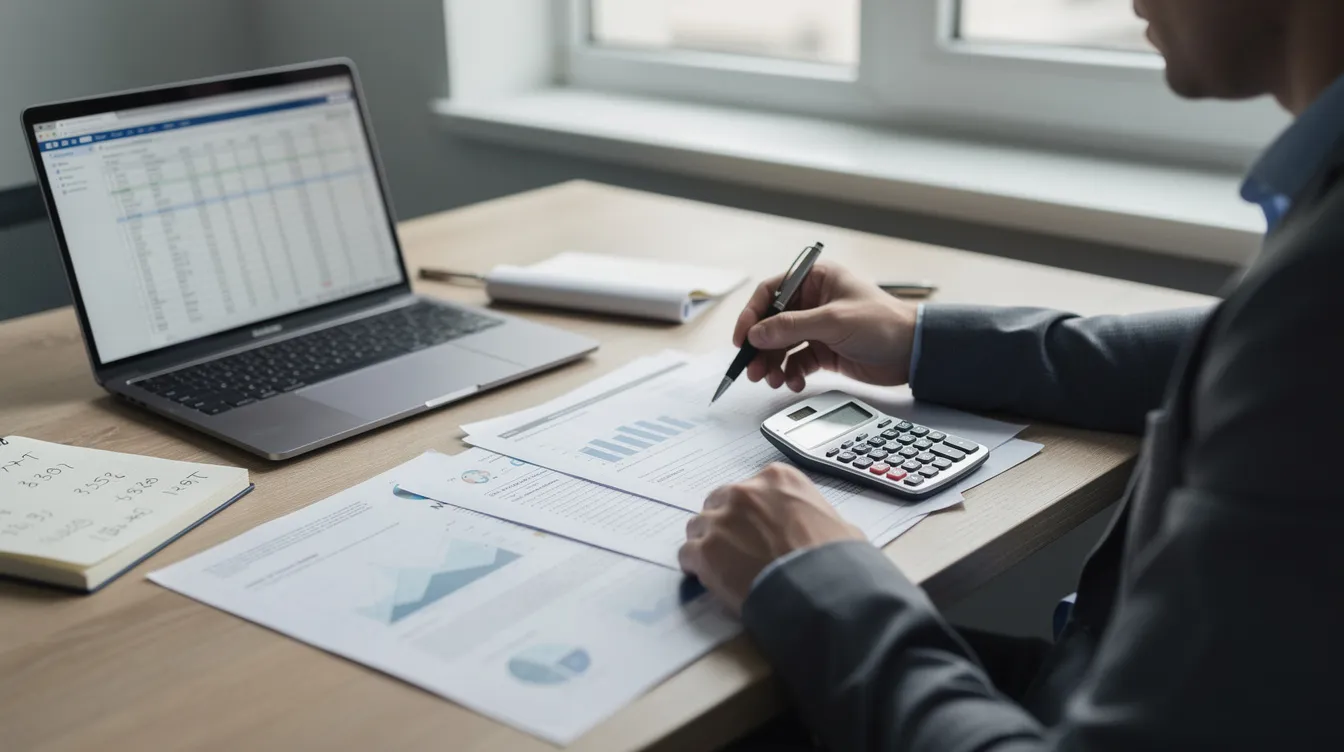 A person is seated at a desk, intently reviewing financial documents alongside a laptop and a calculator, likely analyzing investment opportunities related to real estate financing. The scene suggests a focus on making informed decisions about mortgage payments and down payments for purchasing real estate.