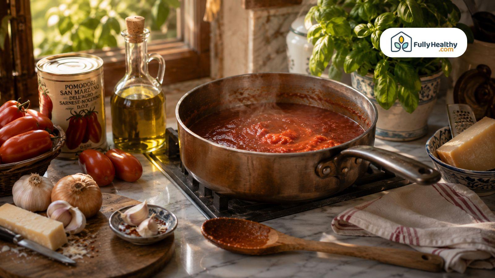 Homemade tomato sauce simmering with San Marzano tomatoes olive oil and Parmesan
