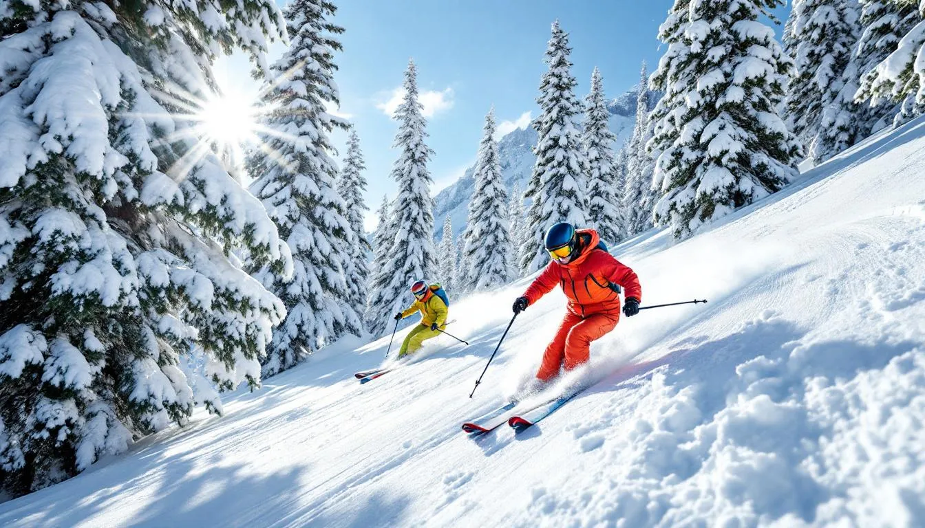 Skiers gliding down a snowy slope at a West Virginia ski resort, surrounded by evergreens and mountain views.