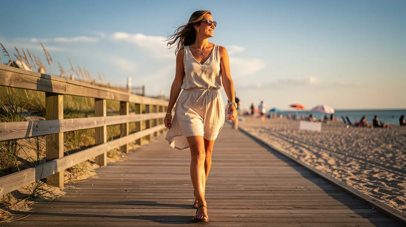 A confident woman strolls along a sunny Long Island beach boardwalk, enjoying the vibrant atmosphere. She embodies the natural shape and beauty that many women seek through procedures like breast lift surgery and breast augmentation, showcasing the positive results of personalized care in enhancing one's body.