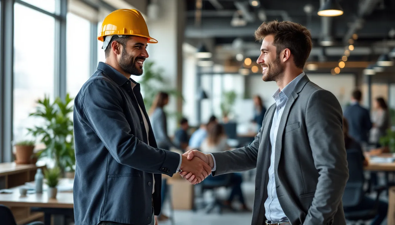 A handshake between a contractor and a subcontractor, symbolizing partnership.