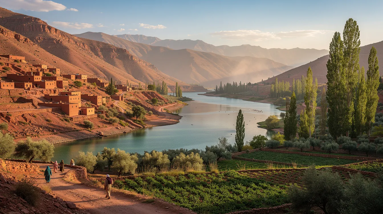 A imagem retrata a cidade de Ouirgane, em Marrocos, conhecida por suas paisagens montanhosas e arquitetura tradicional. É um destino que oferece uma rica experiência cultural, com mesquitas e mercados que refletem a história e o charme do norte da África.