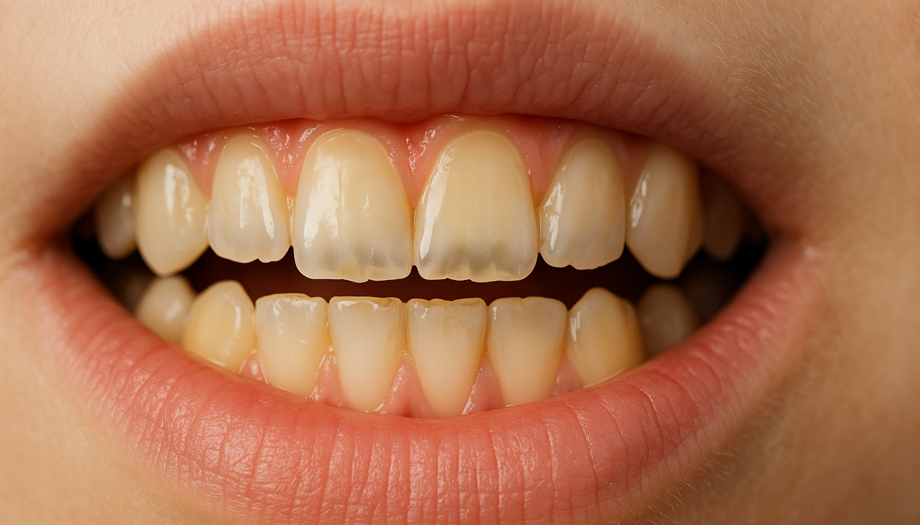 Nærbilde av tenner med tydelige syreskader og erosjon i emaljen, som viser gulere områder og slitasje på overflaten.