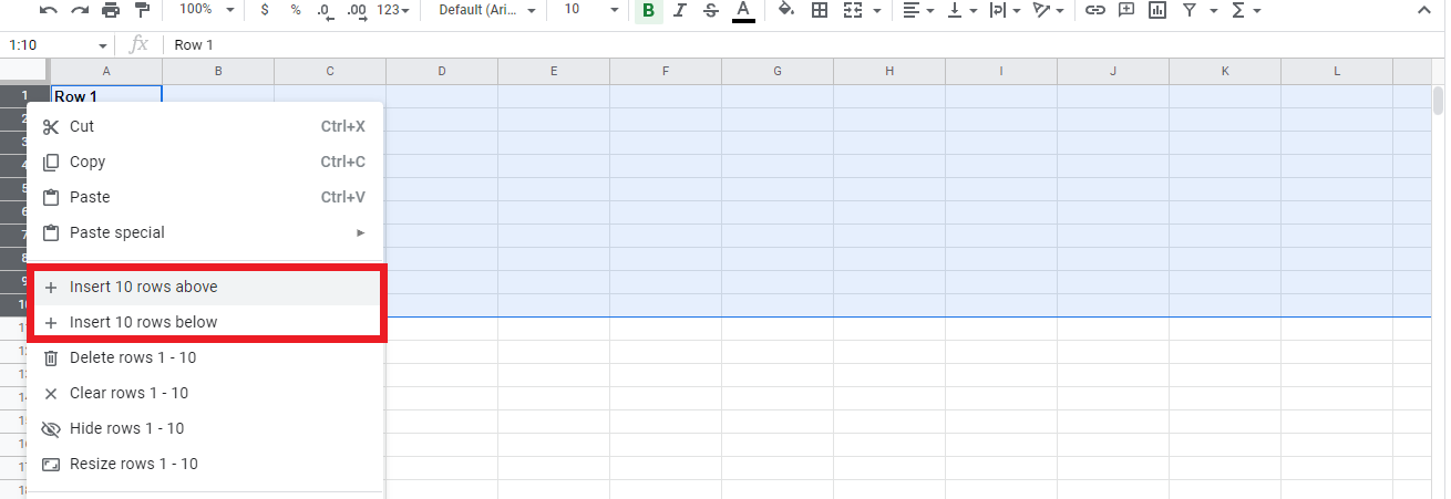 When you select a specific number of rows Google Sheets will automatically add multiple rows.