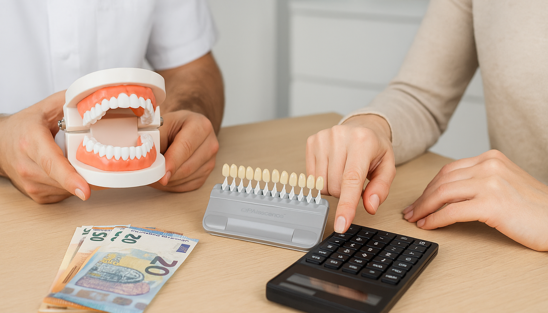 Pasient beregner kostnad for skallfasetter med tannlege, tannmodell, fargeprøver og penger på bord i moderne klinikk.