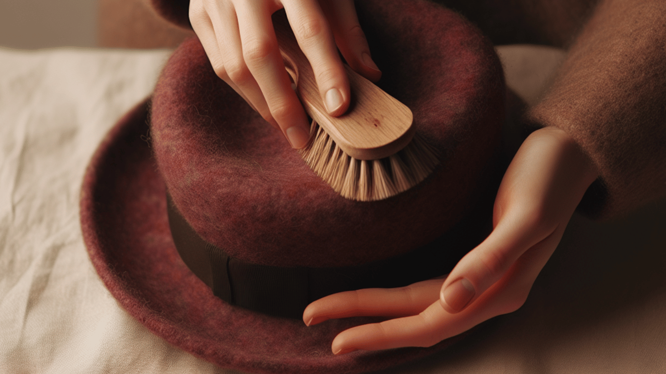 Wool felt hat being gently brushed