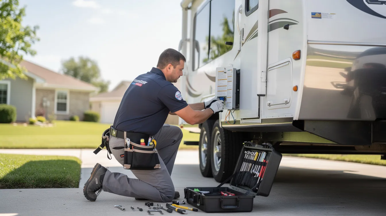 A technician in work clothes is servicing a travel trailer parked in a residential driveway, performing routine maintenance and inspections to ensure the RV is in optimal condition. The technician uses various tools to address common repairs, emphasizing the convenience of mobile RV repair services.