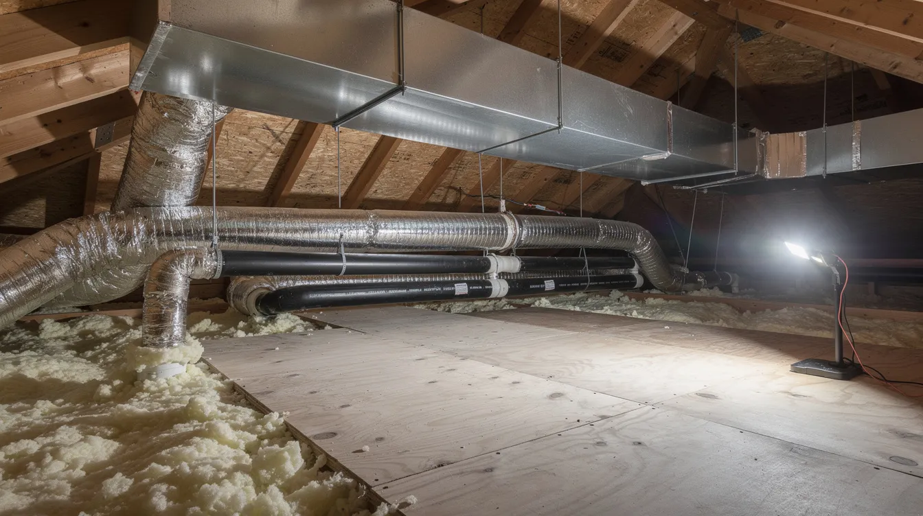 The image shows a clean residential attic featuring neatly arranged ductwork and insulated HVAC lines, illustrating a proper HVAC installation. This setup includes air ducts that contribute to the efficient operation of the home's air conditioning system, ensuring optimal performance and consistent temperatures throughout the space.