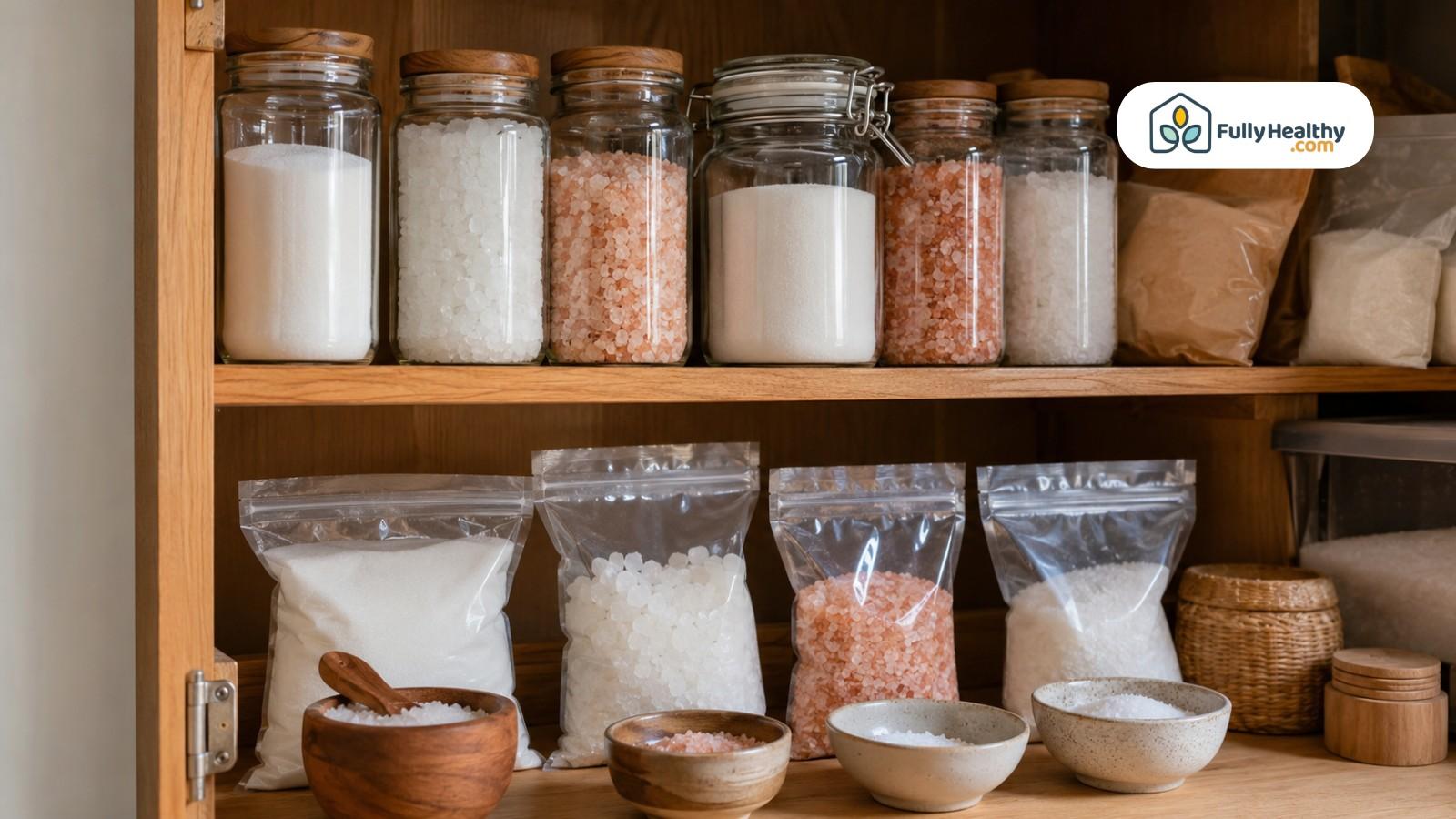 Organized pantry storing different salt varieties in sealed jars and storage bags