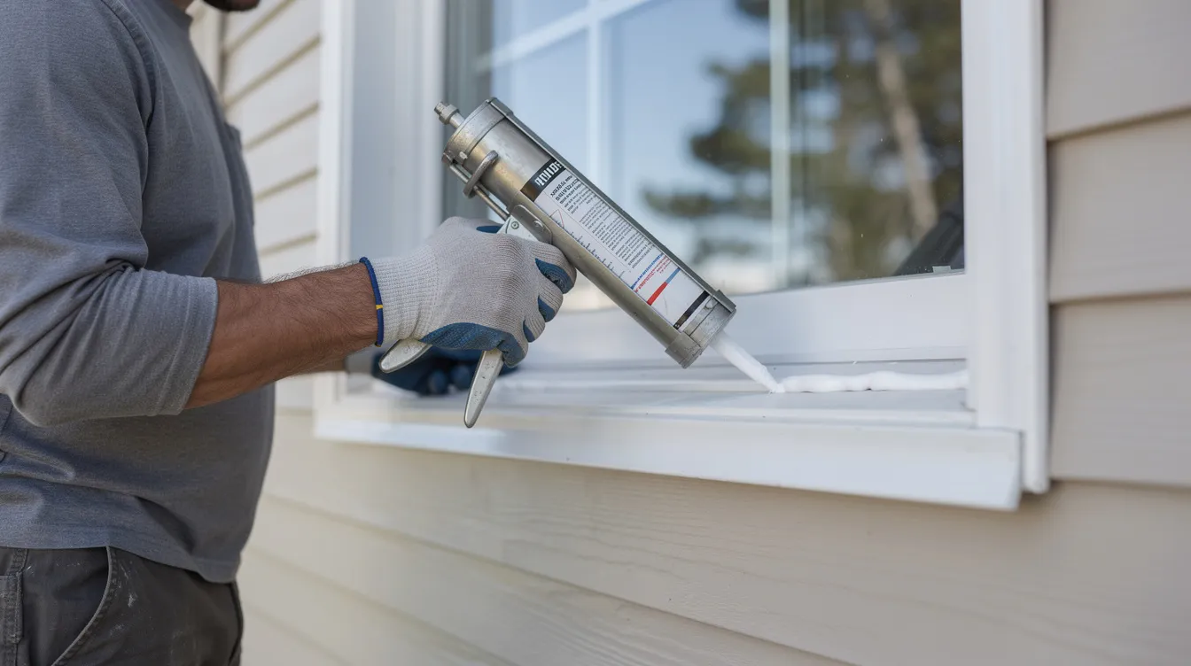 How to Get Rid of Stink Bugs in Your House 3 A person is applying caulk around the exterior of a window frame to seal cracks and prevent pests like brown marmorated stink bugs from entering the house. This maintenance helps to reduce the risk of a stink bug problem by blocking potential entry points.