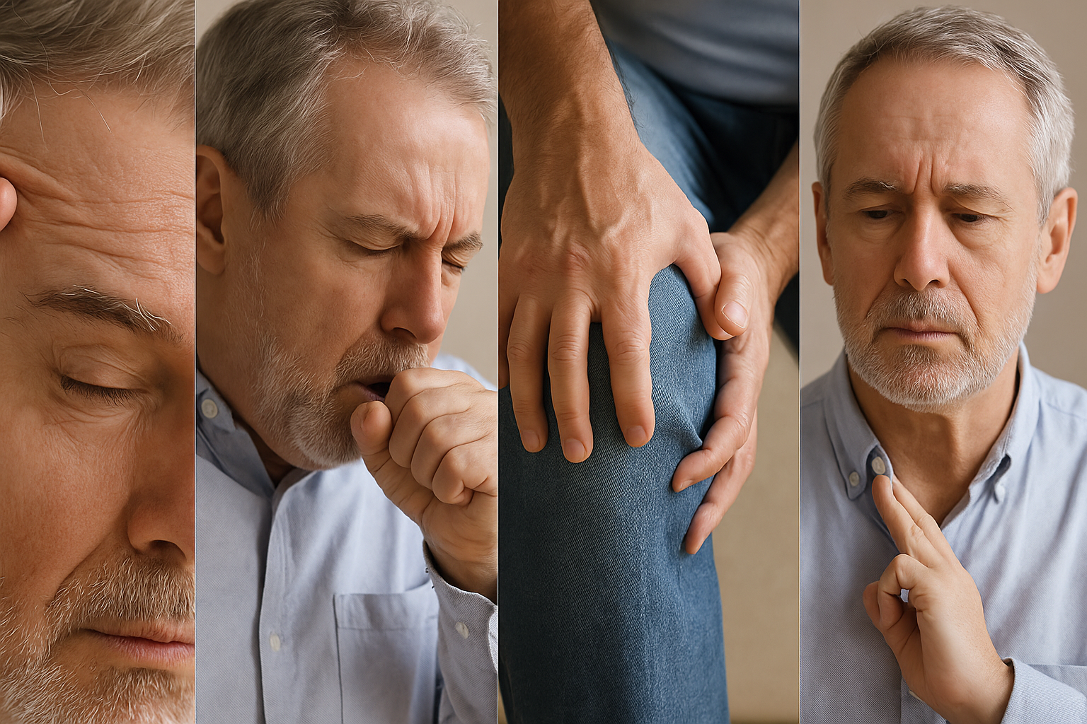 Eldre mann viser tegn på helseplager med hodepine, hoste, smerter i kne og bekymring mens han sjekker pulsen.