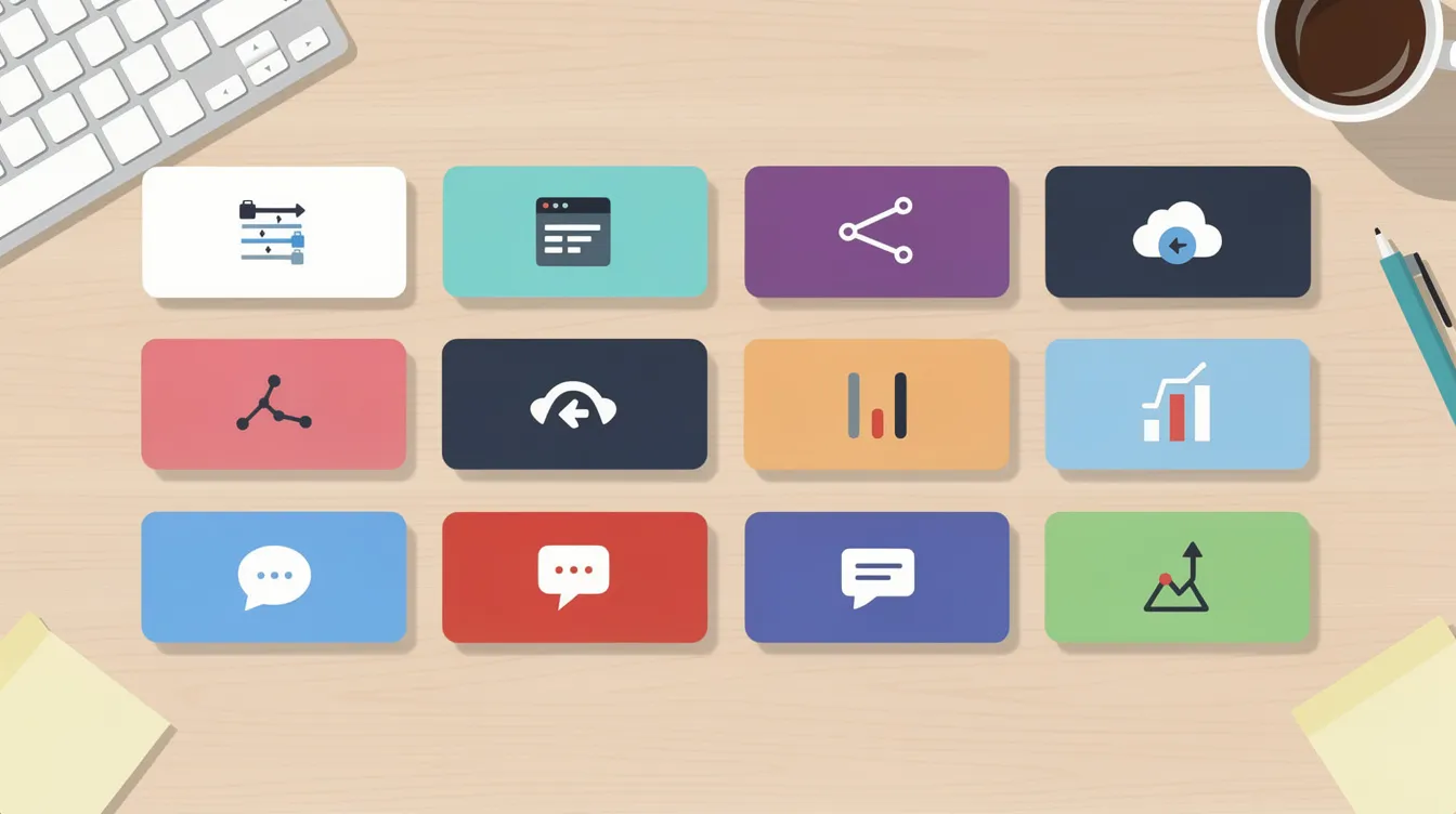 The image features a side-by-side flat-style illustration of colorful software tool cards displayed on a desk, each card showcasing distinct icons that represent various community management tools and features. These tools are designed to enhance community engagement, support community members, and simplify the management of online communities.