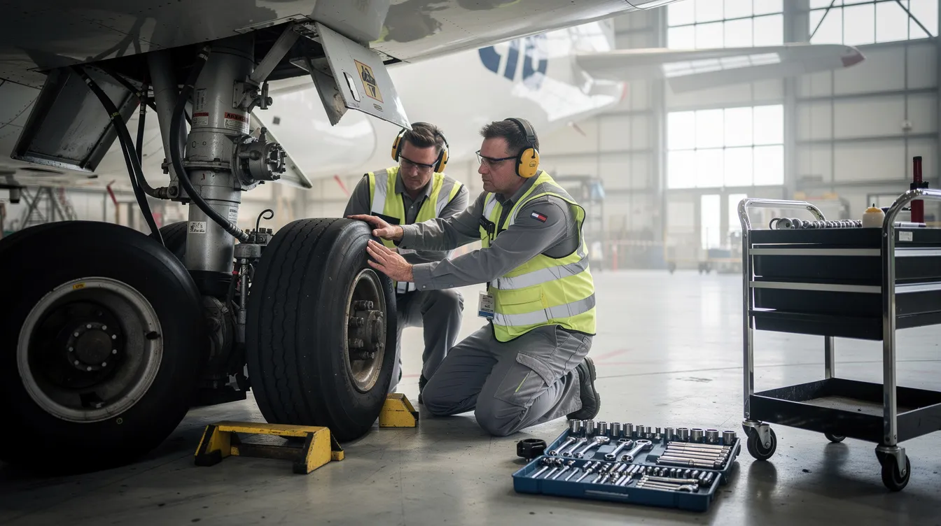 An apprentice mechanic is seen working closely with a licensed technician on the landing gear of an aircraft, gaining hands-on experience as part of their aviation maintenance apprenticeship program. This training is crucial for developing the skills needed for a successful career in aviation as an aircraft maintenance technician.