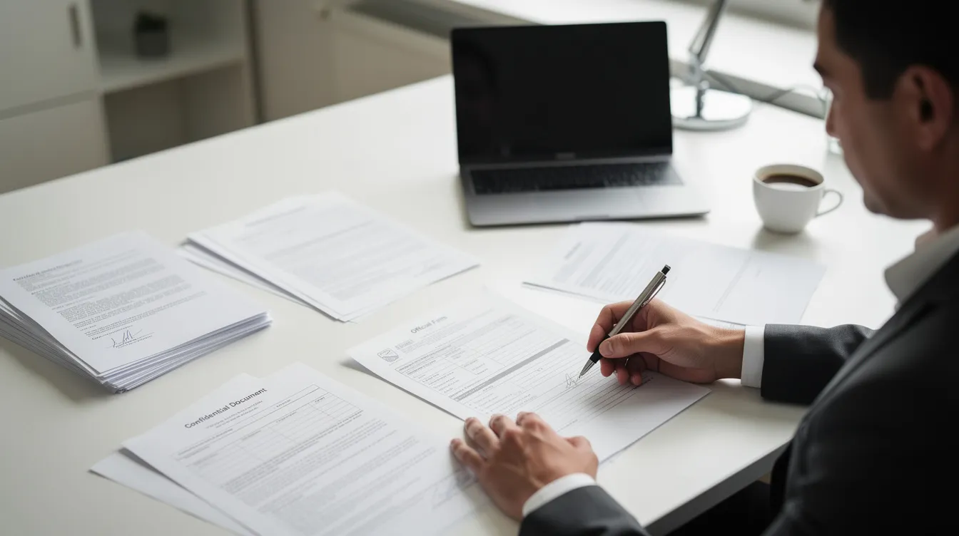 A person is seated at a desk, diligently filling out official paperwork with various documents spread out around them. This scene illustrates the process of applying for a visa, highlighting the responsibilities and requirements that applicants must complete to obtain permission to travel to a country in Europe, such as Ireland.