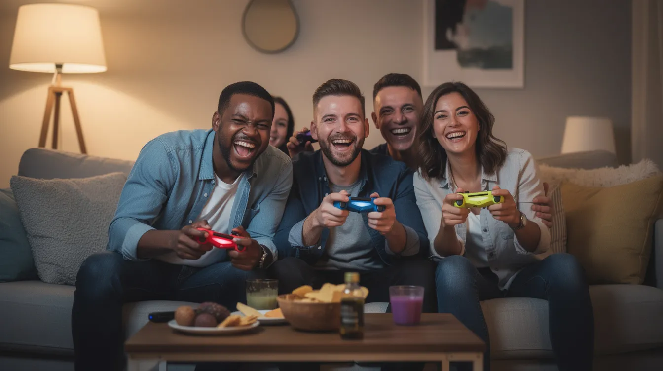 A group of friends is sitting on a couch, laughing and enjoying their time together while holding colorful gaming controllers, likely engaged in multiplayer games on a Nintendo Switch. The atmosphere is lively and fun, as they compete and play various games, showcasing the joy of online multiplayer experiences.