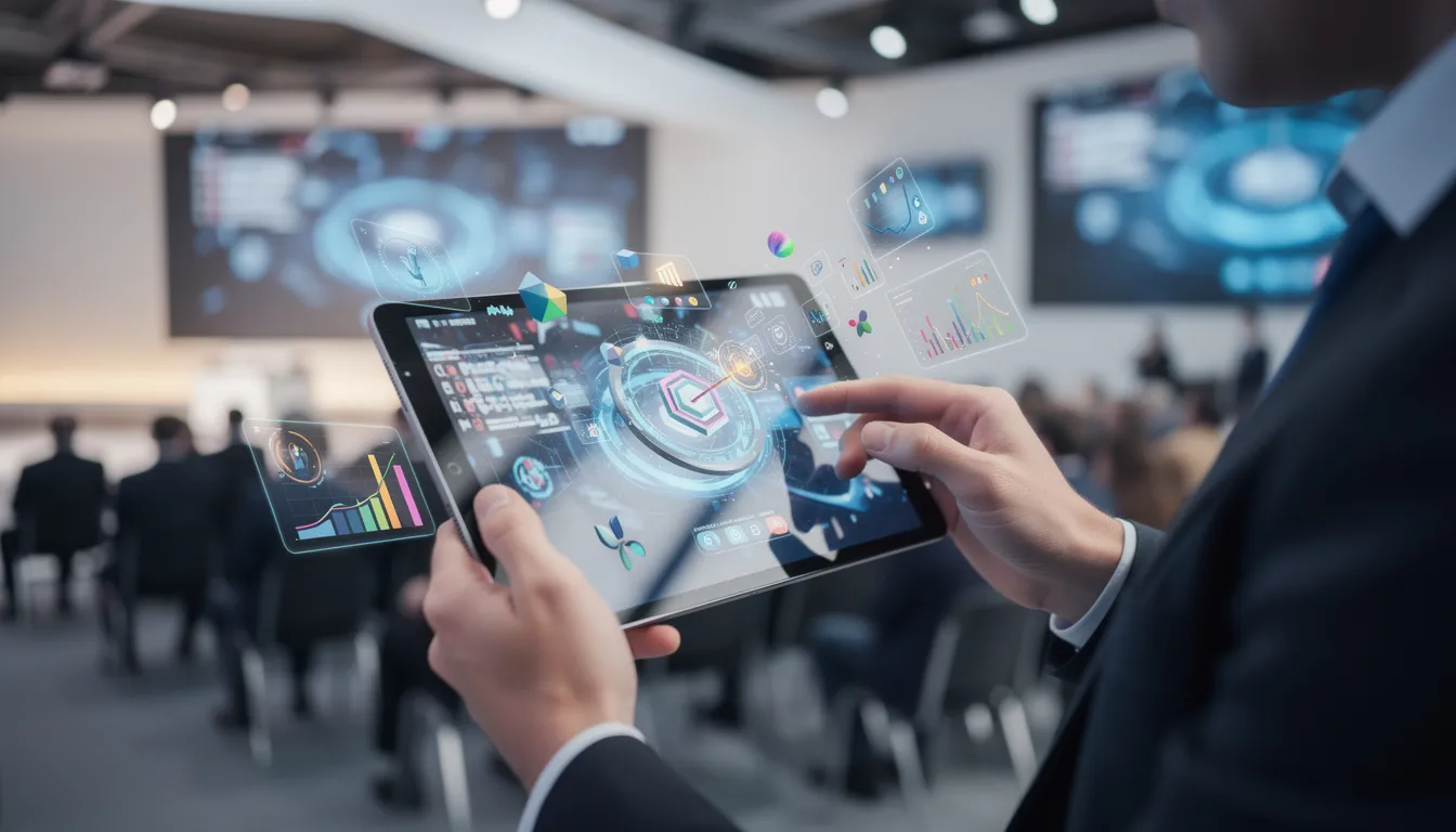 A person is engaging with an augmented reality display using a tablet at an event, surrounded by immersive environments that blend digital objects with the physical world. This interactive experience allows users to explore a virtual space, enhancing their journey through innovative technology.