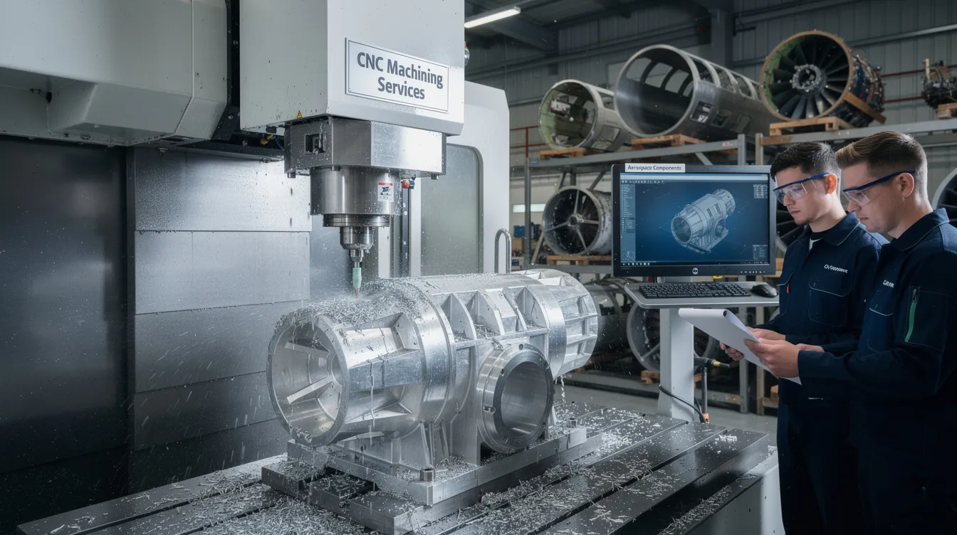 The image depicts a modern CNC machining setup specifically designed for the aerospace industry, showcasing computer-controlled machines working on complex geometries of aerospace components such as turbine blades and engine casings. This precision machining process highlights the advanced automation and specialized tooling required to produce high-precision parts that meet the stringent standards of aerospace manufacturing.